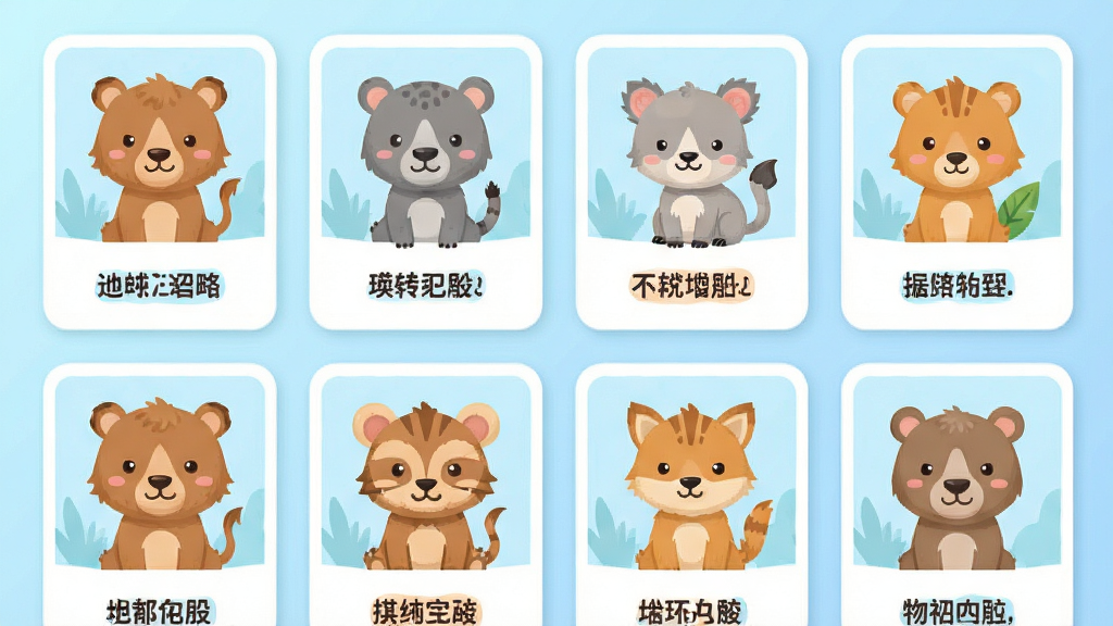 儿童动物世界软件内页展示图,画面中呈现多个卡通动物卡片网格布局,每张卡片上有动物图案和名称文字,背景为淡蓝色渐变,风格为清新扁平插画,细节精致,画质清晰,干净整洁
