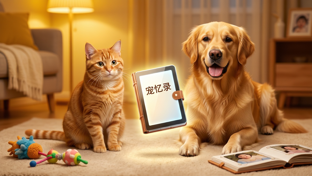 一只可爱的橘猫和一只金毛犬并排坐在温馨的客厅地毯上,周围散落着宠物玩具和相册,画面中央漂浮着一本发光的电子日记本,日记本封面上写着“宠忆录”三个字,背景是柔和的暖黄色灯光,主体突出,布局居中对称,排版干净整洁,风格温馨治愈,细节上体现宠物毛发质感和日记本的光泽,画质高清,干净,无多余元素