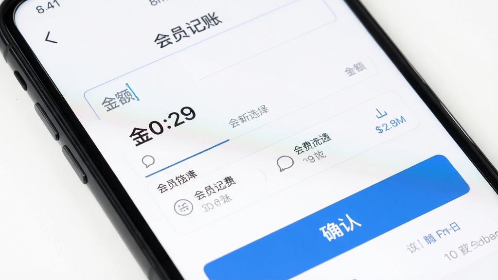 手机屏幕特写,展示会员卡记账软件的消费记账操作界面,界面中有金额输入框、会员选择栏和确认按钮,背景为简洁的白色,画面干净,画质清晰,无多余元素