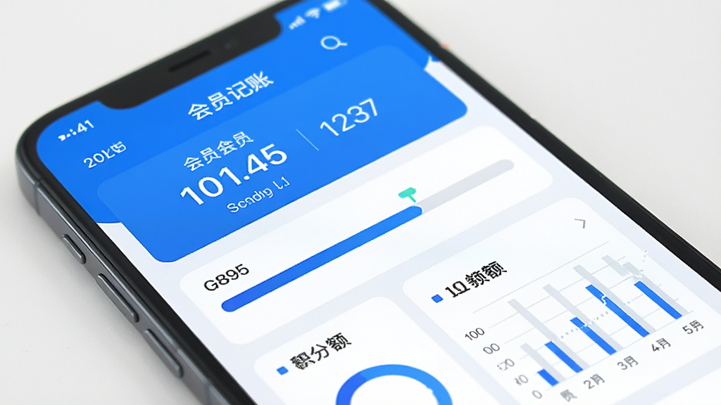 手机屏幕显示会员卡记账软件的余额与积分统计页面,页面中有数字展示、进度条和图表,整体风格简洁现代,蓝白配色,画质清晰,干净无多余元素