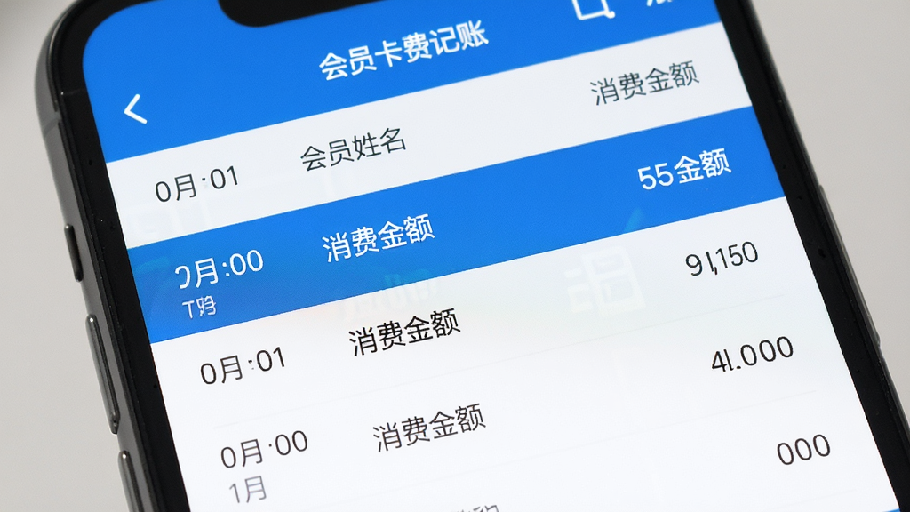 手机屏幕展示会员卡记账软件的消费记录列表页面,列表中包含日期、会员姓名、消费金额等信息,界面排版整齐,蓝白配色,画质清晰,无多余元素