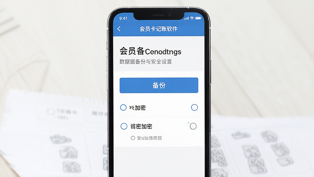 手机屏幕显示会员卡记账软件的数据备份与安全设置页面,页面中有备份按钮、加密选项等,界面风格简洁商务,蓝白配色,画质清晰,干净无多余元素