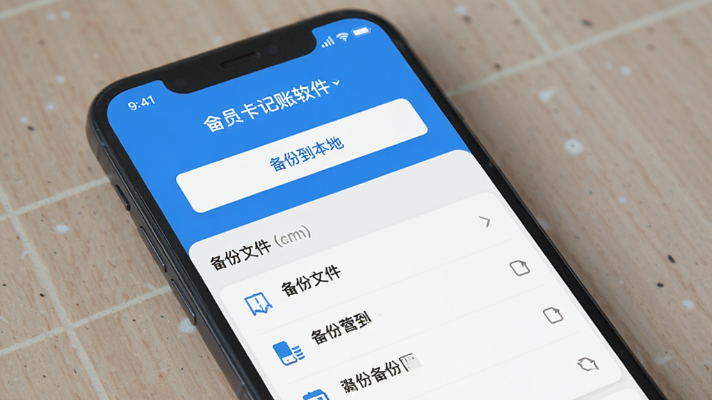 手机屏幕显示会员卡记账软件的数据备份界面,界面中有备份到本地按钮和备份文件列表,整体设计简洁,蓝白配色,画质清晰,干净无多余元素