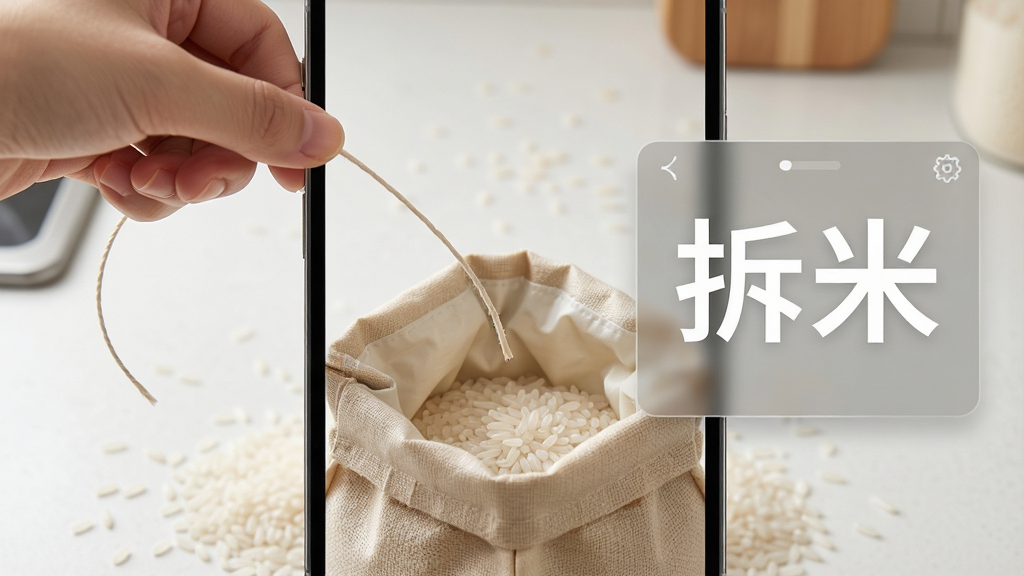 手机屏幕垂直构图,画面中央展示一个打开的米袋封口处,一只手正在拉动一根线,线头清晰可见,背景是简洁的厨房台面,米粒散落在袋口周围,画面右侧悬浮一个半透明的工具面板,上面写着“拆米”两个白色大字,整体风格写实清新,光线明亮柔和,画质高清干净,无多余装饰元素
