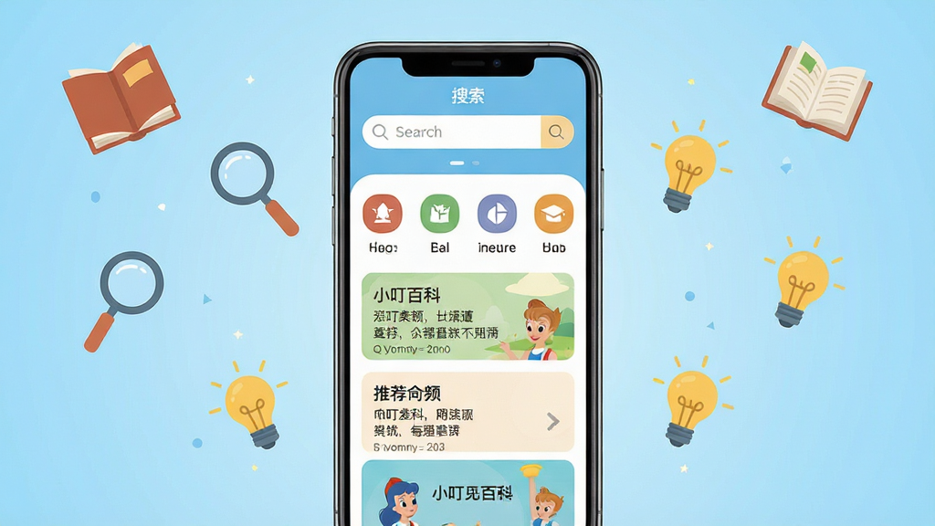 小叮当百科手机应用主界面展示,画面中央是一部竖屏智能手机,屏幕内呈现清爽的百科搜索首页,顶部有搜索框,下方排列着分类图标和推荐词条卡片,背景为浅蓝色渐变,周围漂浮着书本、放大镜、灯泡等知识元素图标,整体风格简洁明快,扁平化设计,高清画质,画面干净无多余元素