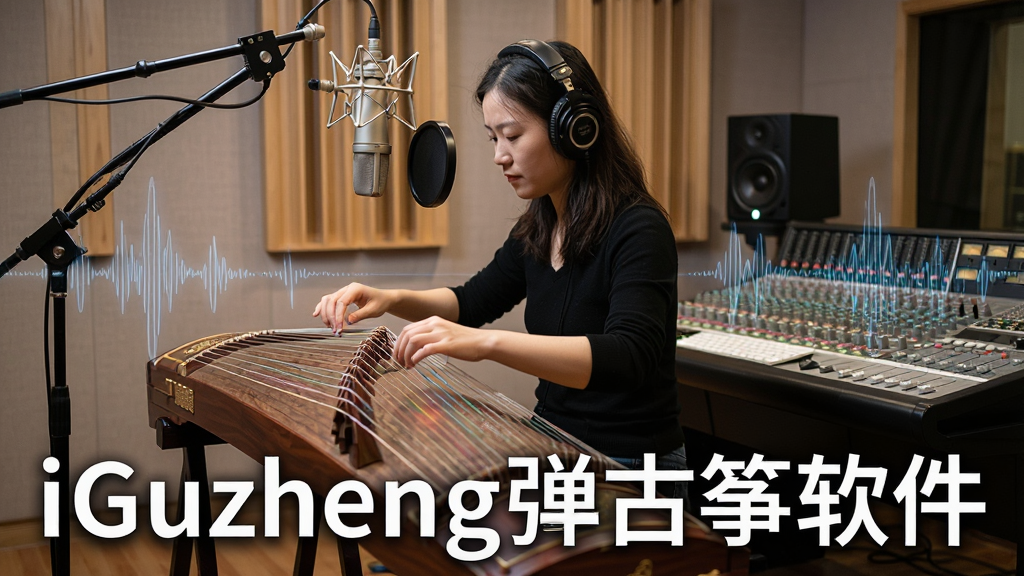 一张展示专业录音棚内古筝录音场景的图片,主体为演奏者佩戴耳机拨动琴弦,布局为左侧古筝右侧调音台,排版居中,风格为写实摄影感,细节包含麦克风阵列、木质古筝光泽、声波可视化线条,画质高清干净,画面中打文字“iGuzheng弹古筝软件”