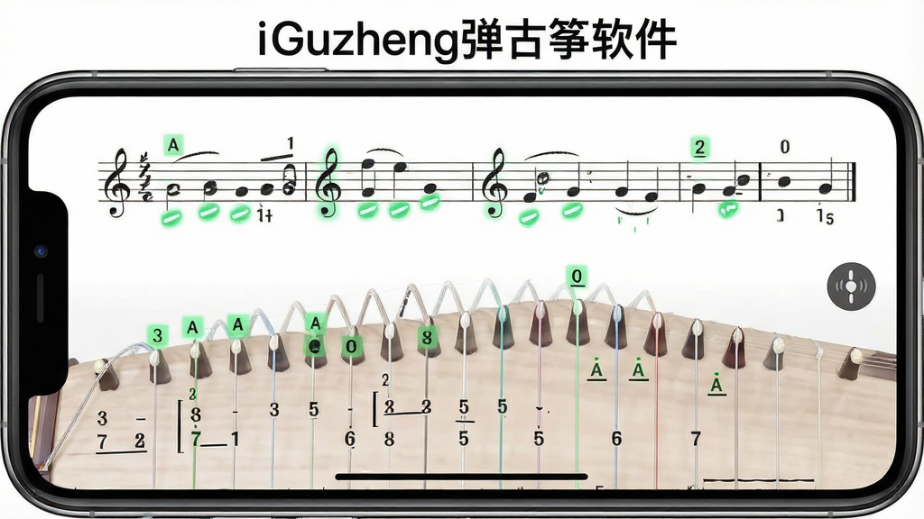 一张手机横屏显示古筝曲谱跟弹界面的图片,主体为琴弦与简谱音符,布局为上方乐谱下方琴弦,排版整齐,风格为清新教学风,细节包含高亮绿色指法标记、音符时值线、节拍器图标,画质高清干净,画面中打文字“iGuzheng弹古筝软件”
