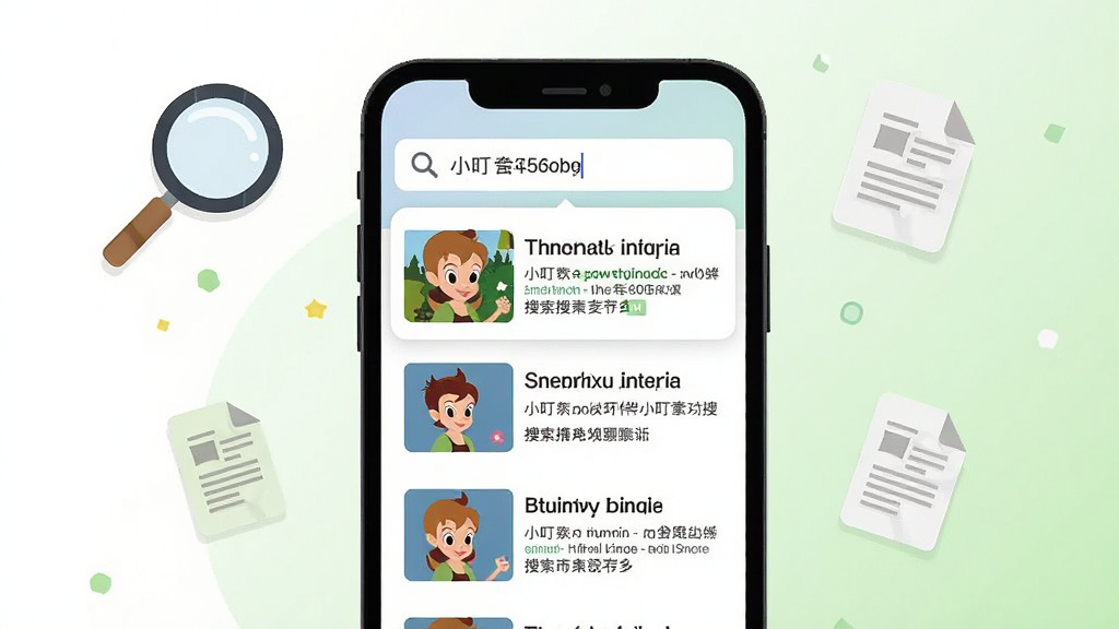 小叮当百科搜索功能界面展示,画面中一部手机屏幕显示搜索框内输入了关键词,下方弹出多条百科词条搜索结果列表,每条结果配有缩略图和简要说明文字,手机周围环绕着放大镜和文档图标,背景为白色到浅绿色的柔和渐变,扁平化插画风格,画面干净整洁,高清画质