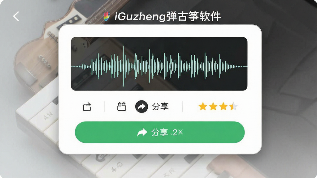 一张展示手机录音分享界面的图片,主体为音频波形与分享按钮,布局为居中卡片式,排版简洁,风格为现代社交风,细节包含波形图、分享图标、评分星级,画质高清干净,画面中打文字“iGuzheng弹古筝软件”