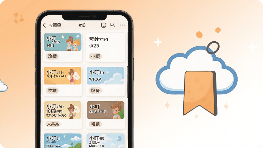 小叮当百科收藏夹功能展示,画面中手机屏幕显示收藏列表页面,多个知识卡片整齐排列,每张卡片有标题和分类标签,屏幕旁边有一个云朵和书签的图标组合,背景为浅橙色到白色的柔和渐变,扁平化设计风格,画面温馨简洁,高清画质