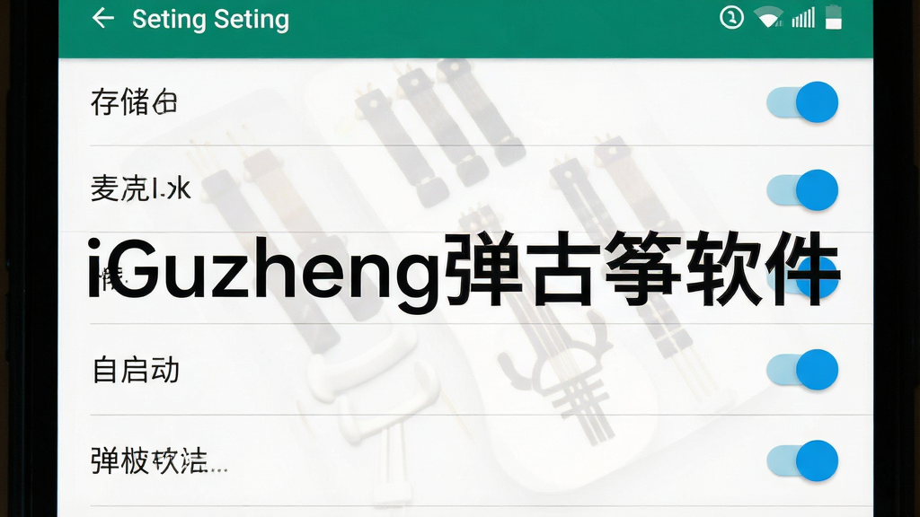 一张展示手机设置中应用权限管理界面的图片,主体为权限开关列表,布局为竖屏列表式,排版清晰,风格为安卓原生设置风,细节包含存储、麦克风、自启动等开关项,画质高清干净,画面中打文字“iGuzheng弹古筝软件”