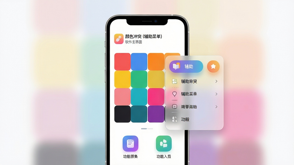 颜色冲突(辅助菜单)软件主界面展示图,主体为一部智能手机居中放置,屏幕显示色彩鲜艳的色块矩阵与辅助菜单悬浮按钮,布局采用三分法构图,上方为标题区域下方为功能入口,排版简洁清晰,风格为现代扁平化科技感,细节包含渐变色彩、圆角图标、半透明菜单面板,画质高清,干净,无多余元素