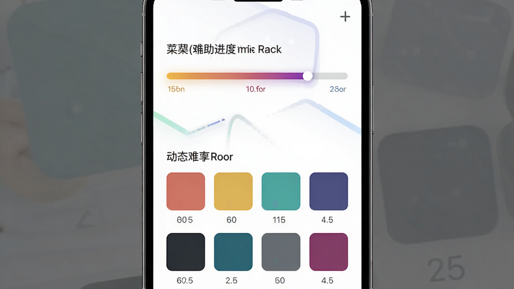颜色冲突(辅助菜单)动态难度调节界面图,主体为手机屏幕显示难度进度条与色块变化对比,布局上下结构上方为进度条下方为色块示例,排版对称工整,风格为简约数据可视化,细节包含渐变进度条、色块样本、数值标注,画质高清,干净,无多余元素
