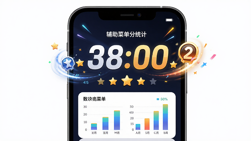 颜色冲突(辅助菜单)得分统计面板图,主体为手机屏幕显示得分数字与连击图标,布局为居中大字得分上方小字统计,排版重点突出,风格为动感活力风,细节包含数字动效、星级评价、数据图表,画质高清,干净,无多余元素