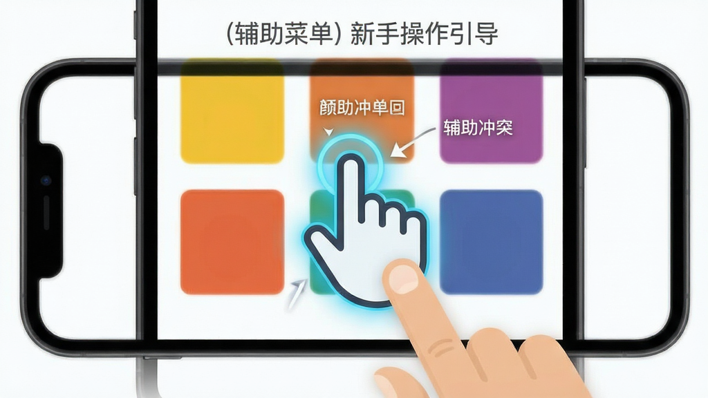 颜色冲突(辅助菜单)新手操作引导界面图,主体为手机屏幕显示手指点击色块的示意图,布局为居中手势图标与色块背景,排版直观易懂,风格为扁平化教学风,细节包含高亮点击区域、箭头指示、文字标注,画质高清,干净,无多余元素