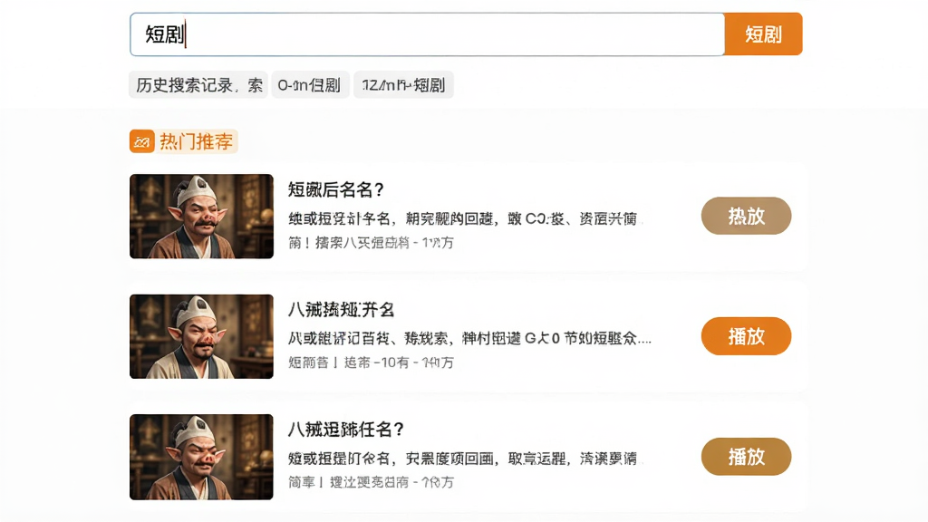 八戒免费短剧搜索页面,顶部搜索框输入“短剧”关键词,下方显示搜索结果列表,每条结果包含剧名、简介和播放按钮,背景为白色,布局为垂直列表,风格为简洁搜索界面,细节包含历史搜索记录和热门推荐标签,画质高清,干净,无多余元素