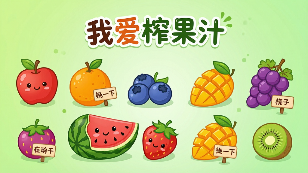 一张卡通风格的水果食材展示图,画面中整齐排列着苹果、橙子、西瓜、草莓、蓝莓、芒果、葡萄、猕猴桃等水果,每种水果旁边有小小的标签牌,背景是浅绿色渐变,风格清新可爱,画面中央上方有