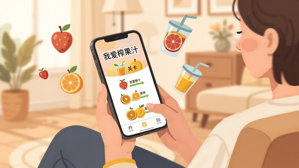 一张扁平化插画风格的手机使用场景图,画面中一个人坐在沙发上手持手机,手机屏幕显示