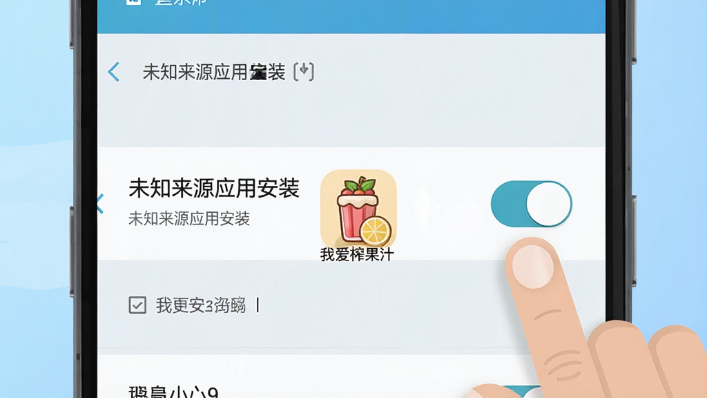 一张手机安全设置界面的示意图,画面中展示安卓手机设置菜单里的“未知来源应用安装”权限开关,旁边有手指点击的示意,界面文字清晰,风格简洁扁平,背景为浅蓝色渐变,画面中央有