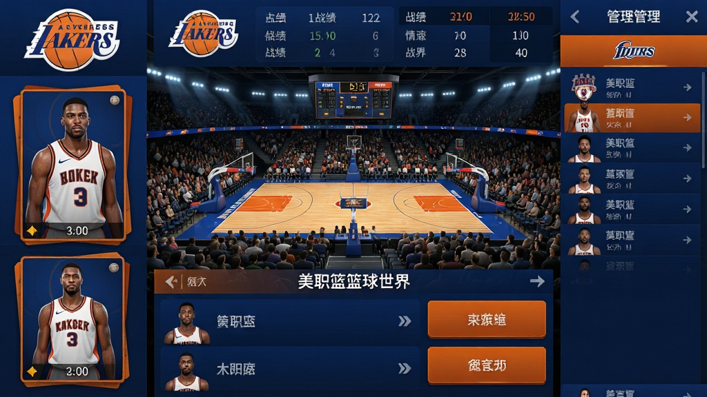 一款以NBA篮球世界为主题的手机游戏界面展示,画面中央是篮球场馆全景,两侧分布球员卡片与球队管理面板,排版采用上下分层结构,上方为球队logo与战绩信息,下方为球员列表与战术按钮,风格为写实体育竞技风,细节包含篮球、球衣、计分板、观众席等元素,整体色调以深蓝与橙色为主,画质高清,画面干净,无多余元素,图片中带有文字“美职篮篮球世界”