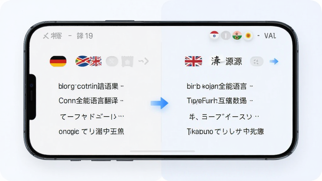 清源数全能语言翻译多语言互译功能展示图,画面主体为手机界面中英文与日文互译结果对比,布局左右分栏,排版整齐,风格科技感浅色系,细节包括语言国旗图标与翻译箭头,画质高清,干净,无多余元素