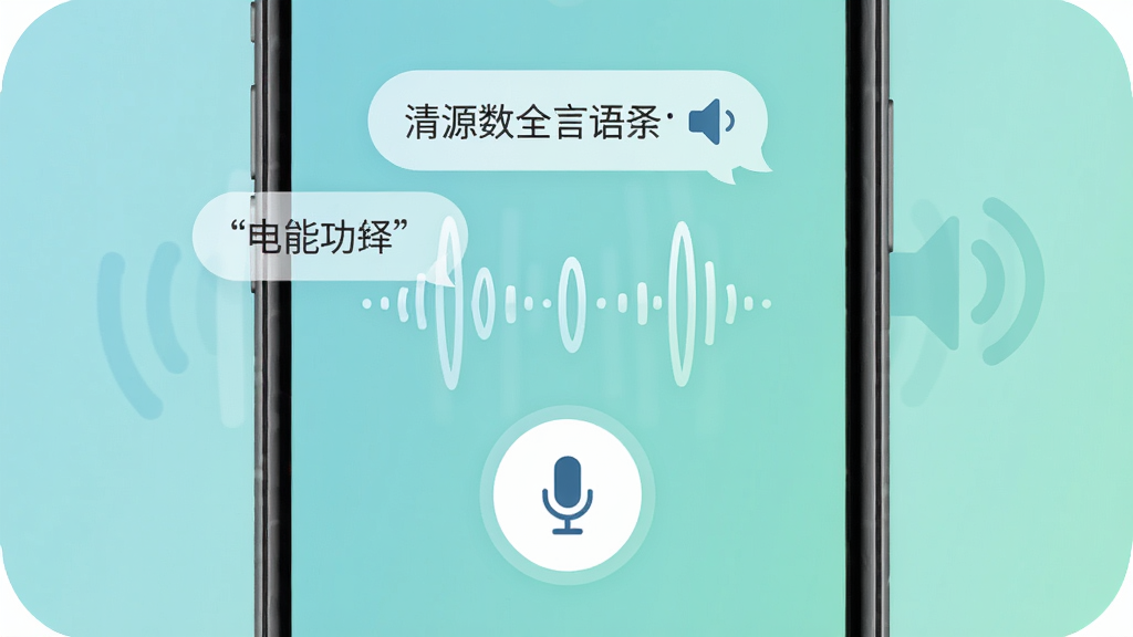 清源数全能语言翻译语音输入功能示意图,画面展示手机屏幕中麦克风按钮与声波图形,背景为柔和蓝绿色调,布局居中突出语音图标,风格简洁明快,细节包括翻译文字气泡与朗读喇叭图标,画质高清,干净,无多余元素