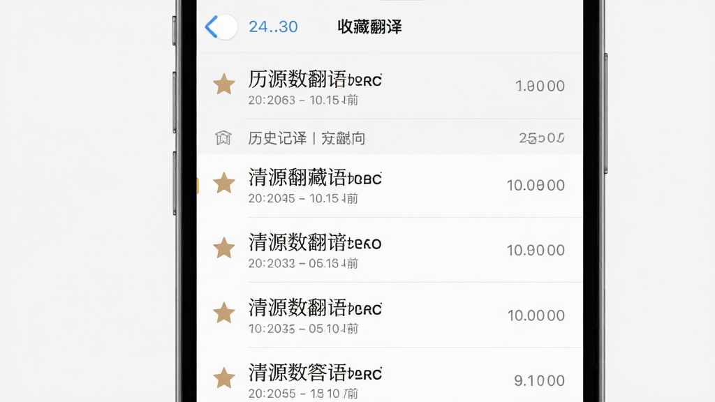 清源数全能语言翻译历史记录与收藏夹界面图,画面主体为手机屏幕中列表式历史翻译记录,布局上下排列,排版清晰,风格素雅极简,细节包括星标收藏图标与时间标签,画质高清,干净,无多余元素