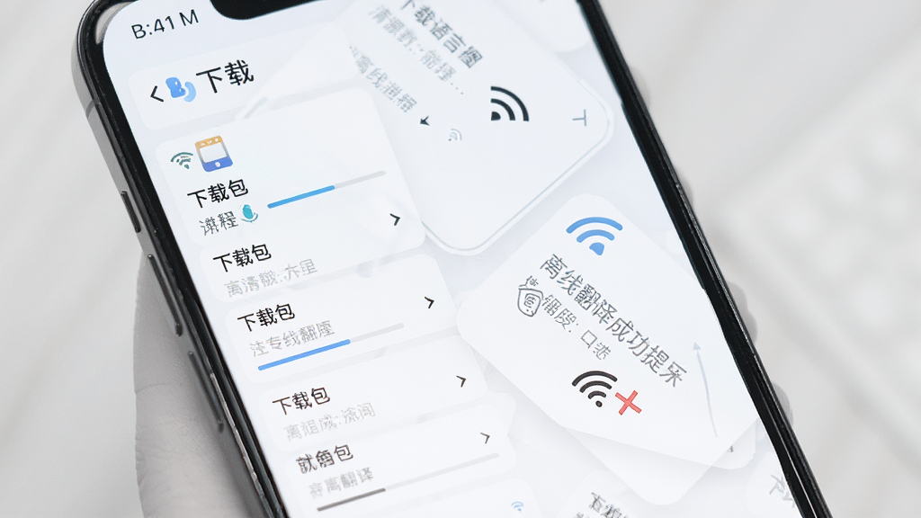 清源数全能语言翻译离线翻译功能展示图,画面展示手机屏幕中离线语言包下载列表与离线翻译成功提示,布局为卡片式排列,风格清新浅色,细节包括下载进度条与WiFi关闭图标,画质高清,干净,无多余元素
