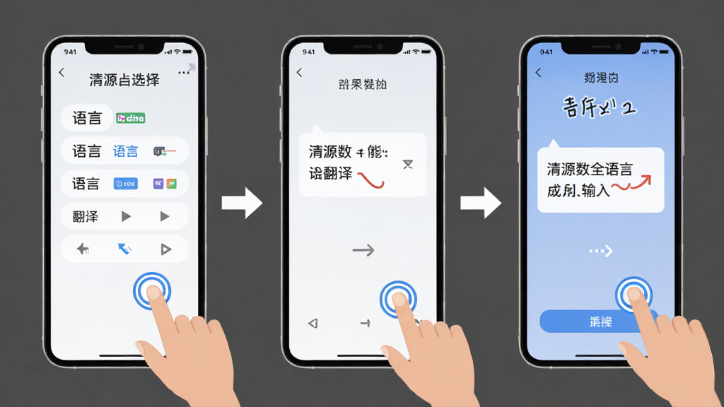 清源数全能语言翻译手机端操作步骤示意图,画面展示手机屏幕中从语言选择到输入翻译再到结果展示的流程,布局为三步骤横向排列,风格扁平化浅色系,细节包括箭头引导与手指点击图标,画质高清,干净,无多余元素