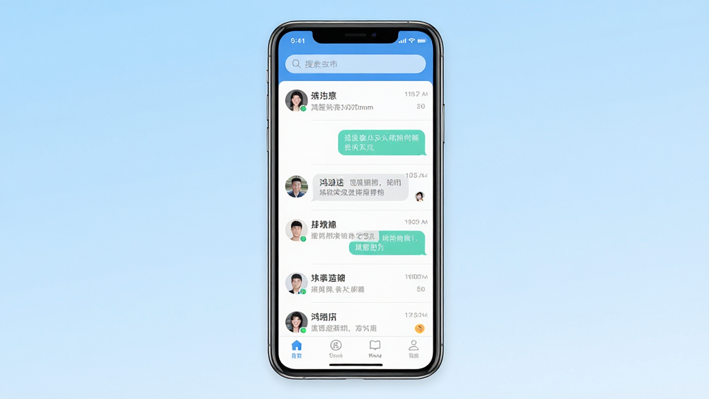 一张展示鸿途APP核心界面的手机预览图,画面中央是一部竖屏智能手机,屏幕上显示鸿途聊天列表界面,包含头像、昵称、消息气泡等元素,背景为浅蓝色渐变,整体布局简洁清晰,风格现代扁平化,细节包括顶部搜索栏、底部导航栏图标,画质高清,干净无多余元素