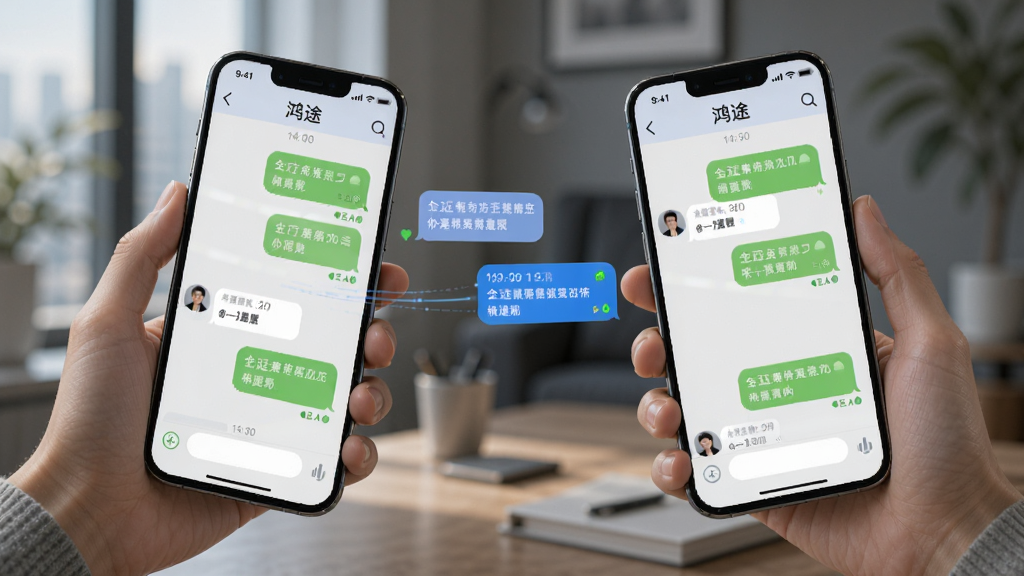 一张表现鸿途APP即时通讯功能的AI生图,画面主体为两只手各持一部手机,手机屏幕显示鸿途聊天界面,消息气泡从一部手机飞向另一部手机,布局左右对称,风格科技感与生活感结合,细节包括聊天气泡、时间戳、已读标记,画质高清,干净无多余元素