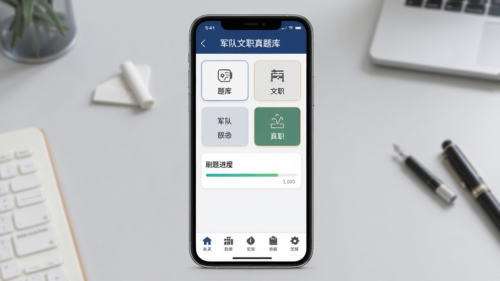 手机屏幕正中央展示军队文职真题库应用主界面,顶部是深蓝色导航栏写着军队文职真题库,中间是题库分类卡片和刷题进度条,底部是五个功能图标,背景为整洁的浅灰色学习桌面,画面风格写实清晰,细节丰富,画质高清干净无多余元素