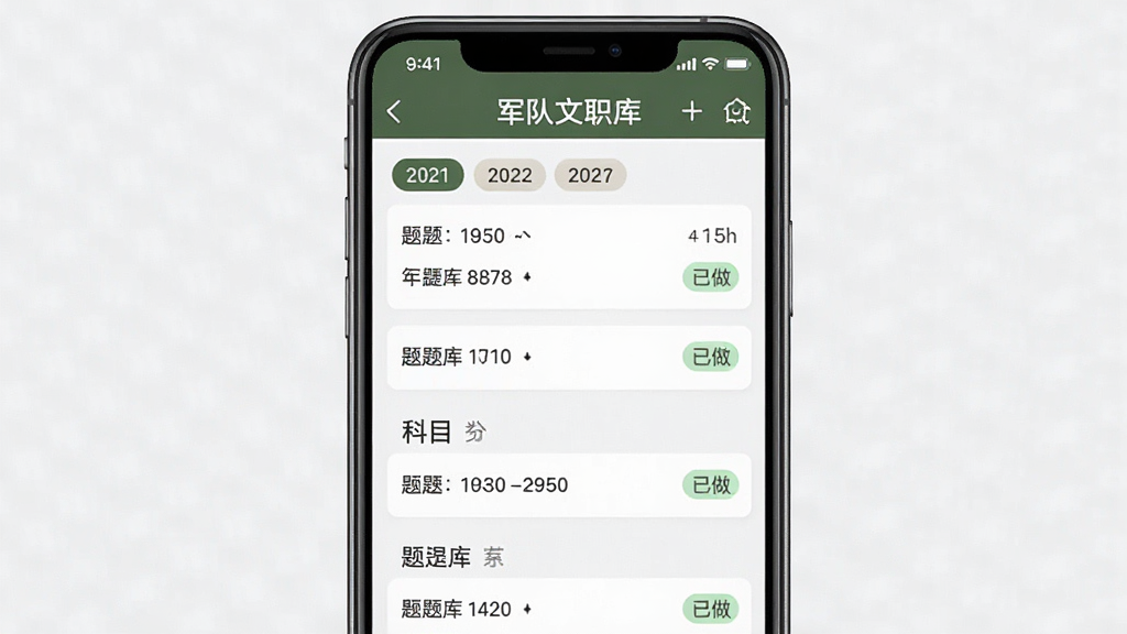AI生成一张展示军队文职真题库题库界面的图片,画面主体是手机屏幕中显示军队文职真题库的真题列表页,可以看到年份标签和科目分类,布局为上下滚动列表,排版整齐,风格为扁平化学习类应用界面,细节包括题目数量统计和已做标记,画质高清干净无多余元素