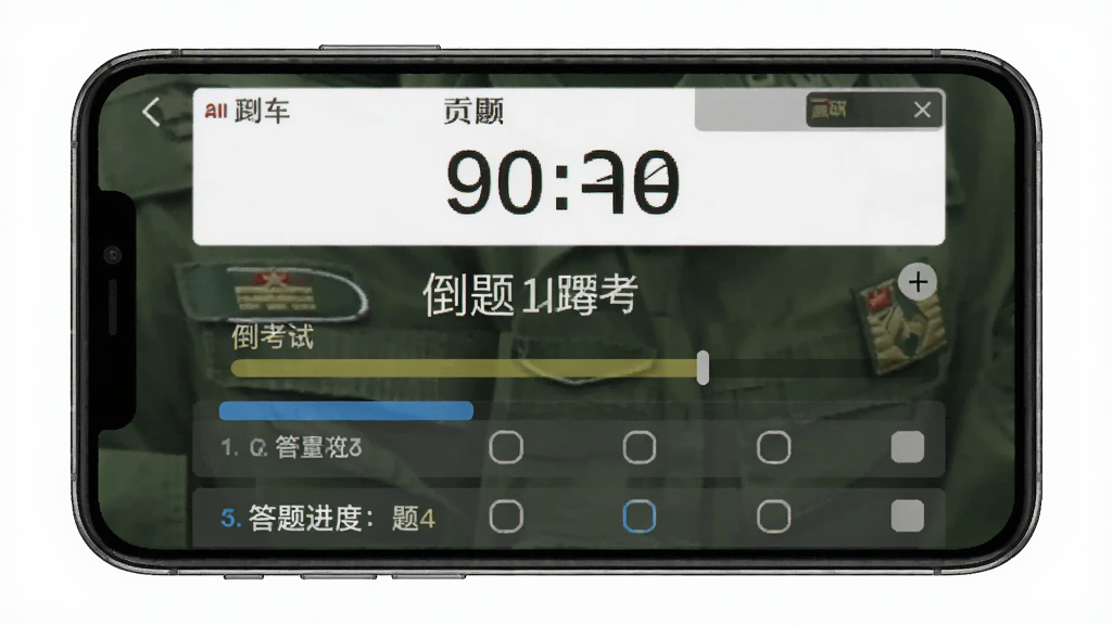 AI生成一张展示军队文职真题库模拟考试界面的图片,画面主体是手机屏幕显示倒计时和答题卡,布局为上方计时器中间题目下方选项,排版紧凑,风格为严肃考试类应用界面,细节包括答题进度条和题号颜色区分,画质高清干净无多余元素