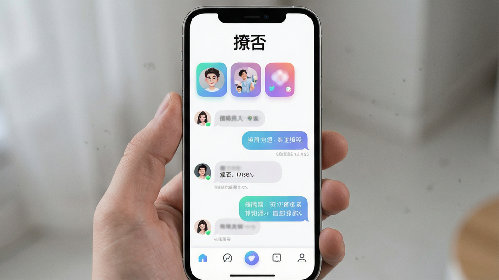 一张手机屏幕展示社交聊天界面的图片,画面中央是“撩否”应用的主页面,上方有“撩否”字样,页面布局包含用户头像卡片、聊天消息气泡和底部导航栏,排版简洁清晰,风格现代清新,细节有渐变色彩和圆角图标,画质高清,干净无多余元素