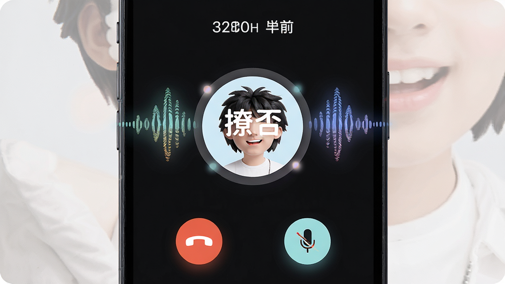 一张展示手机语音聊天界面的图片,画面中心是“撩否”语音通话中的圆形头像和声波动态效果,布局以上下结构呈现,上方显示通话时长,下方是挂断和静音按钮,风格活泼年轻,细节有声波纹理和柔光效果,画质高清,干净无多余元素