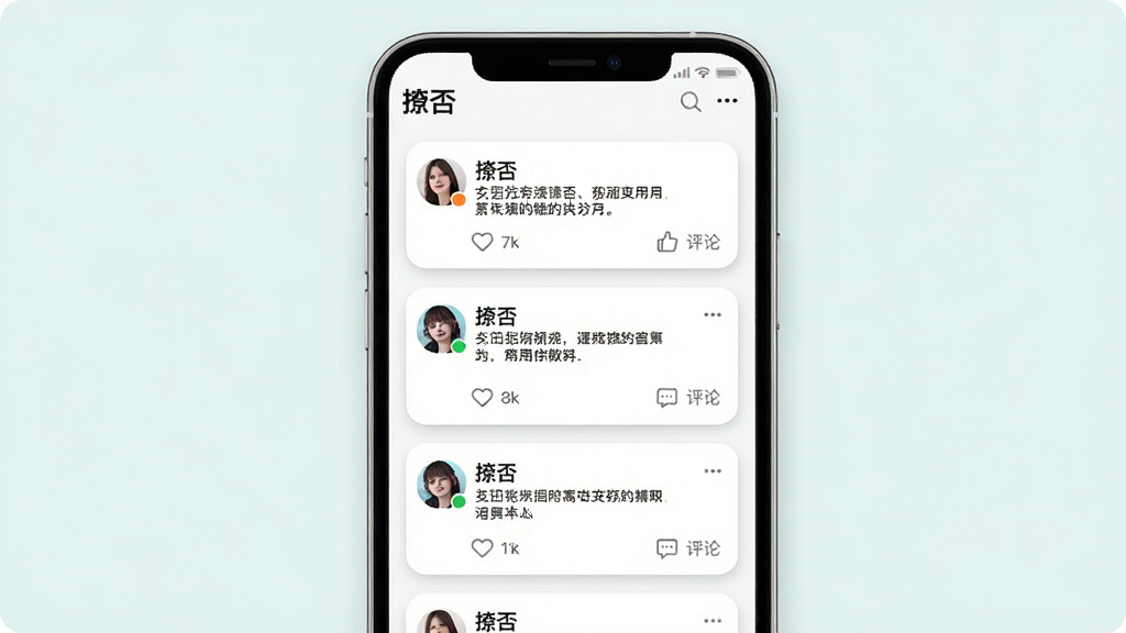 一幅手机应用动态广场页面的图片,画面展示“撩否”动态流,布局为垂直滚动卡片列表,每张卡片包含用户头像、文字内容和点赞评论图标,排版疏朗有致,风格清新明亮,细节有圆角卡片和柔和阴影,画质清晰,干净无多余元素