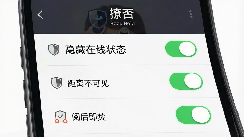 一张手机安全设置界面的图片,画面主体是“撩否”隐私保护页面,布局为列表式开关选项,包含“隐藏在线状态”“距离不可见”“阅后即焚”等条目,排版清晰,风格简洁稳重,细节有盾牌图标和绿色开关按钮,画质高清,干净无多余元素