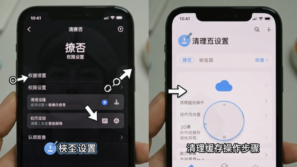 一张手机应用使用教程示意图,画面展示“撩否”的权限设置页面和清理缓存操作步骤,布局为分步截图拼接,风格简洁直观,细节有箭头指引和文字标注,画质清晰,干净无多余元素