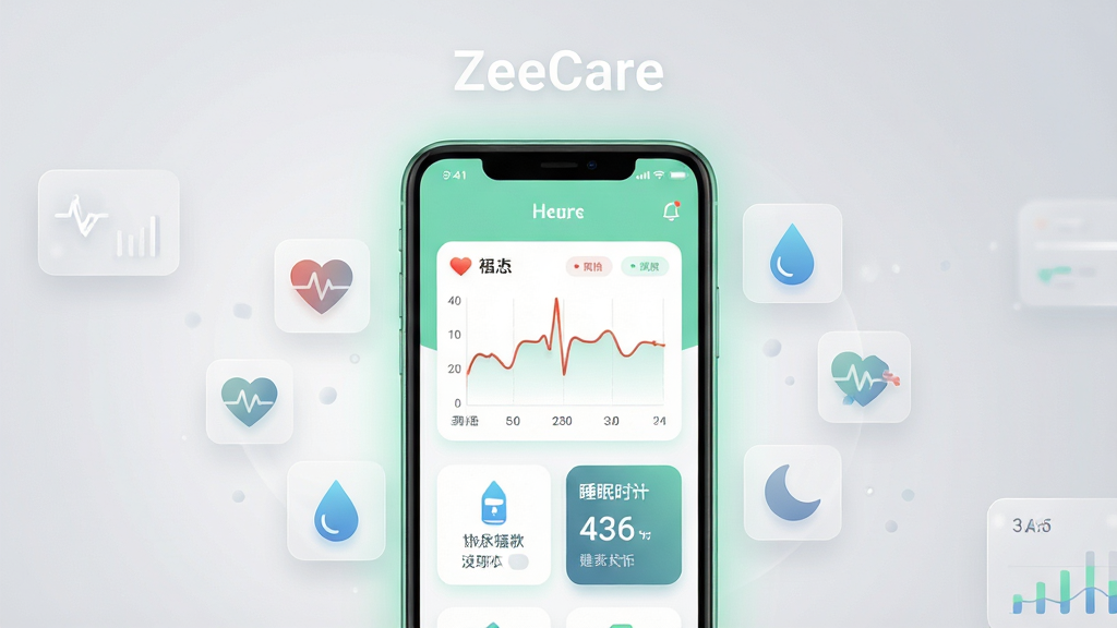 ������һ�����������ֻ����棬��Ļ����ʾ��ZeeCareӦ�õ���ҳ���������ʼ�����ߡ���ˮ��¼ͼ���˯��ʱ����Ƭ�����ֲ��þ���չʾ���ֻ����໷���Ű�͸���Ľ�������Ԫ�����������š�ˮ�κ�����ͼ�ꣻ�Ű�Ϊ���湹ͼ���Ϸ����׷���Ӧ�����ơ�ZeeCare�������Ϊ�ִ���ƽ���Ƽ��У���ɫ��Ϊ���������ɫ��ϸ�����ֻ���Ե����͹��Σ�����ͼ�꾫������������Ϊ����4K���ɾ��޶���Ԫ�أ�����Ϊǳ��ɫ���䡣