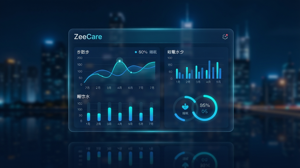 ����������һ�������İ�͸��������壬�������ʾ�š�ZeeCare�������Լ�����ͼ����״ͼ�ͻ��ν��������ֱ����������˯�ߺ���ˮ���ݣ����ֲ��þ��жԳƣ�����·���΢���ķ��䵹Ӱ���Ű�Ϊ������������Ϊδ���Ƽ���UI��ƣ���ɫ��Ϊ��������ɫ��ϸ�������������з���Ч����������ģ���ĳ���ҹ��������Ϊ���壬�ɾ��޶���Ԫ�ء�