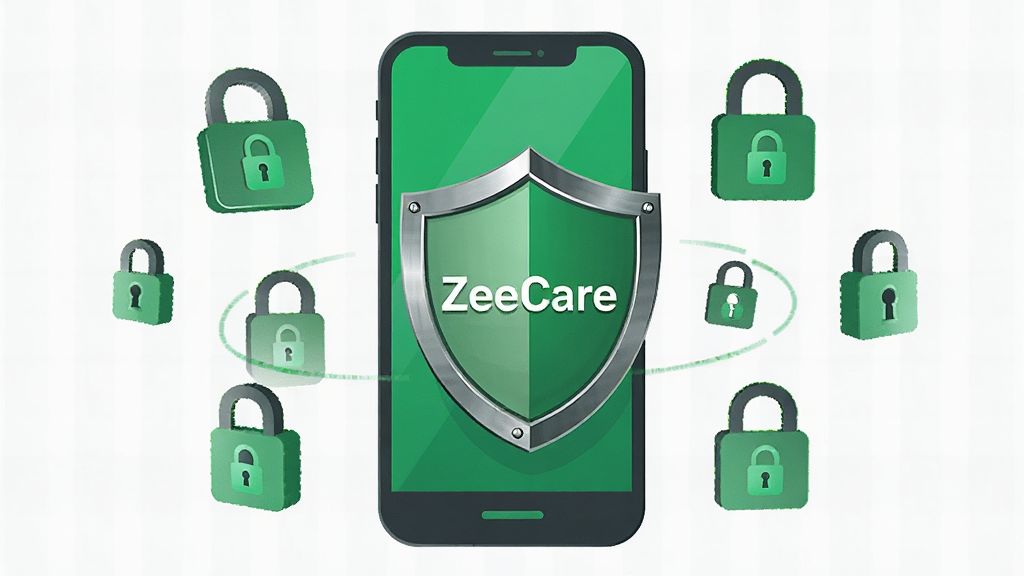 ����չʾһ�����ж���ͼ����ֻ���������д�š�ZeeCare�����ֻ���Χ����������ͼ������ݼ��ܷ��ţ�����Ϊ�ֻ����У�������΢ͻ����Ļ���Ű�Ϊ���棻���Ϊ��ȫ��������ı�ƽ�廭����ɫ��Ϊ��������̣�ϸ���϶��Ʊ����н����ʸУ���������΢����������������Ϊ���壬�ɾ��޶���Ԫ�ء�