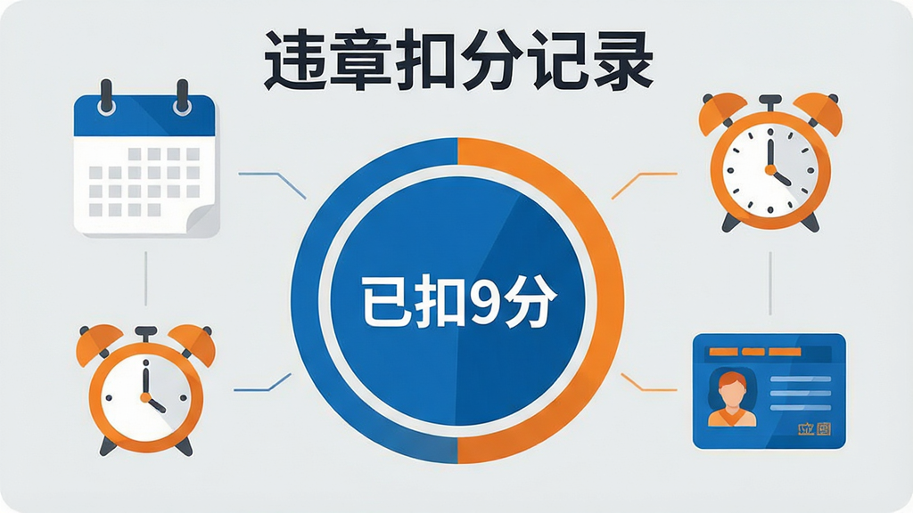 一张信息图表风格的插图,展示违章扣分记录软件的记分周期提醒功能,画面中央是一个圆形进度条显示“已扣9分”,周围环绕日历图标、闹钟图标和驾驶证图标,背景为浅灰色,配色以蓝色和橙色为主,排版清晰,风格简洁商务,画质高清,画面中文字包含“违章扣分记录”,无多余装饰元素