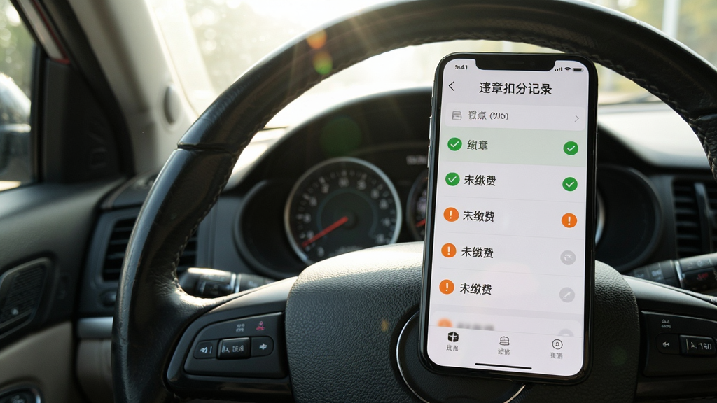 一部手机放在汽车方向盘上,手机屏幕显示违章扣分记录应用的罚款状态列表,已缴费条目显示绿色对勾,未缴费条目显示橙色感叹号,背景是车内驾驶座视角,阳光透过车窗照入,风格真实自然,排版清晰,画质高清,画面中文字包含“违章扣分记录”,干净整洁