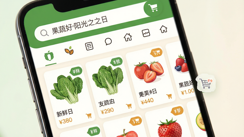 果蔬好阳光之日应用首页展示图,主体是一部智能手机屏幕显示生鲜购物界面,布局为上方搜索框与分类图标,中部为新鲜果蔬商品卡片网格,排版整齐清晰,风格为现代简约扁平化设计,细节包括翠绿蔬菜、鲜红水果、价格标签与购物车角标,整体色调以清新绿和暖白为主,画质高清、干净、无多余元素
