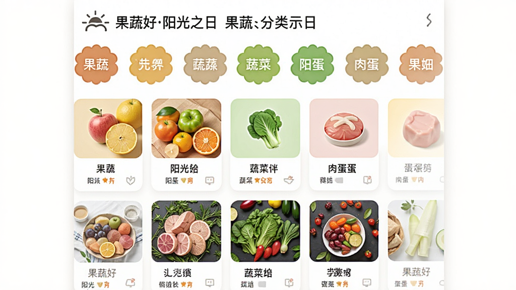 果蔬好阳光之日商品分类展示图,主体为手机应用界面,布局为顶部横向分类导航栏,下方为不同品类的商品陈列区域,排版采用卡片式网格结构,风格为清新明快的电商视觉,细节包括水果区、蔬菜区、肉蛋区图标与商品缩略图,画面中出现“果蔬好阳光之日”应用名称标识,画质高清、干净、无多余元素
