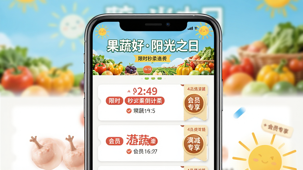 果蔬好阳光之日优惠活动页面展示图,主体为手机屏幕显示促销活动界面,布局为顶部横幅广告位与下方优惠券列表,排版层次分明,风格为热闹活泼的电商促销视觉,细节包括限时秒杀倒计时、满减标签、会员专享图标,文字内容包含“果蔬好阳光之日”字样,画质高清、干净、无多余元素