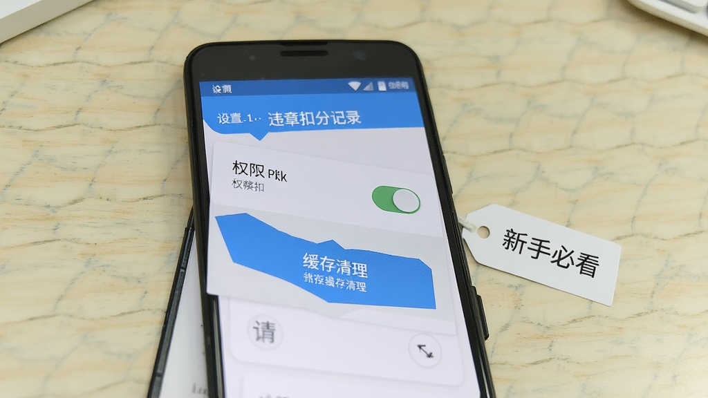 一部安卓手机显示违章扣分记录应用的设置页面,页面上有权限开关和缓存清理按钮,旁边放着一个写有“新手必看”的小标签,背景为浅色桌面,风格简洁实用,排版清晰,画质高清,画面中文字包含“违章扣分记录”,无多余元素