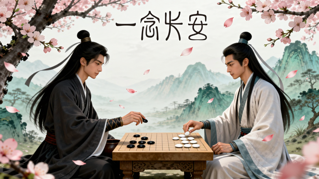 画面描绘两位仙侠角色在桃花树下对弈,一人执黑子一人执白子,布局采用对称构图,排版以人物互动为中心,风格为古风唯美插画,细节包括花瓣飘落、棋盘清晰、远处山峦叠翠,画质超清,干净无多余元素,画面顶部用篆体字书写“一念长安”