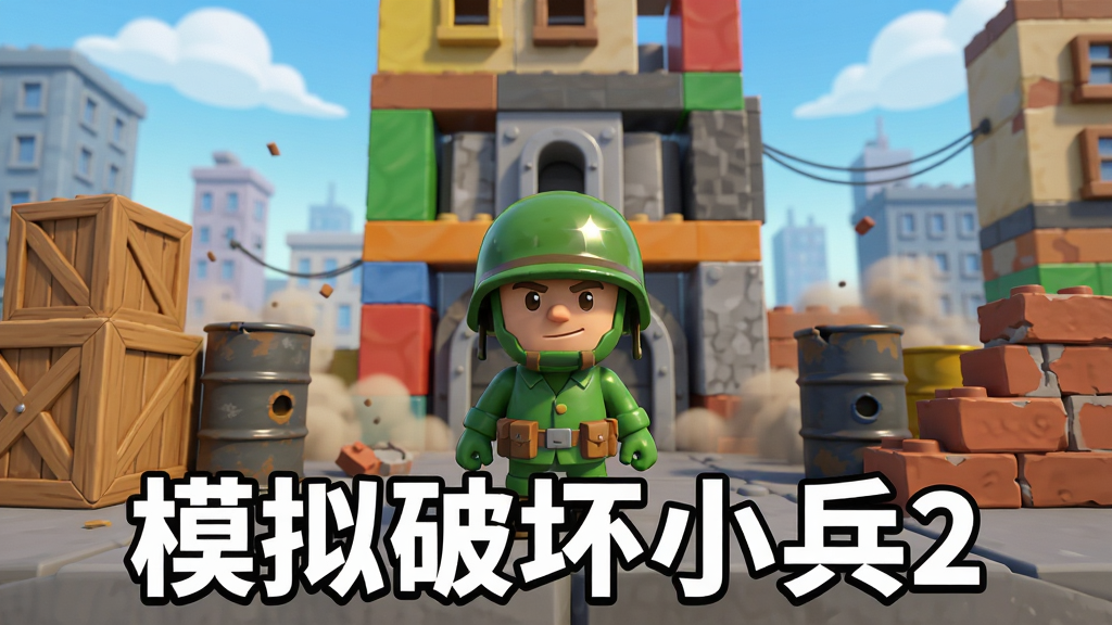画面中央是一个卡通风格的绿色小兵站在由积木搭建的城市建筑前,周围散落着木箱、油桶和破碎的砖块,背景是蓝天白云与远处的高楼轮廓,布局采用中心构图突出小兵与建筑的对峙感,风格为明亮活泼的3D卡通渲染,细节包括小兵头盔的反光、建筑表面的纹理以及飞扬的尘土粒子,画质清晰干净,画面中下方用白色粗体字写着